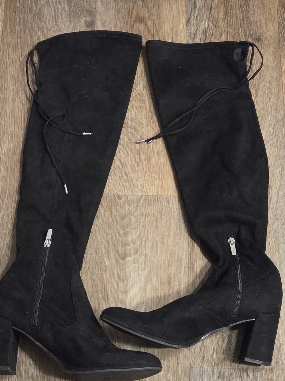 Marc Fisher Black Suede Over-the-Knee Lace-Back Block Heel Boots